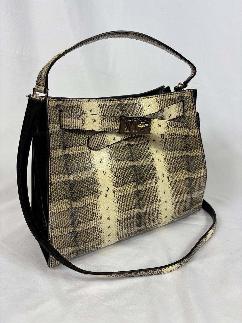 Bruno Magli 1936 Snake Embossed Satchel Bag Leather Top Handle Cream Brown